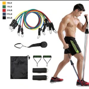 11-Piece Resistance Band Set Versatile workout kit with 5 color-coded bands (10–30 lbs) for adjustable resistance up to 100 lbs. Made from premium natural latex with anti-snap design, cushioned handles, and padded ankle straps for safe and comfortable training. Perfect for strength, yoga, and full-body fitness—suitable for men, women, beginners, and professionals.
